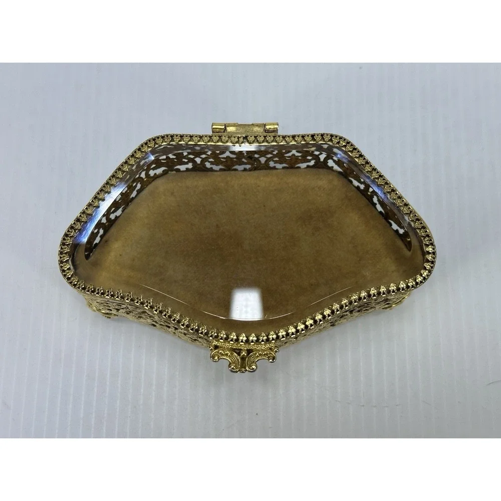Vintage Jewelry Box Casket Filigree Ormolu Style Footed Hollywood Regency Glass